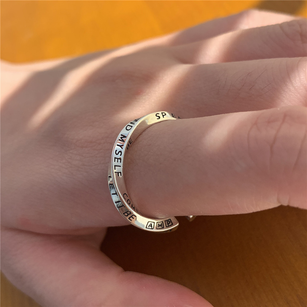法式s925纯银开口莫比乌斯环英文涂鸦戒指女小众设计轻奢时尚个性