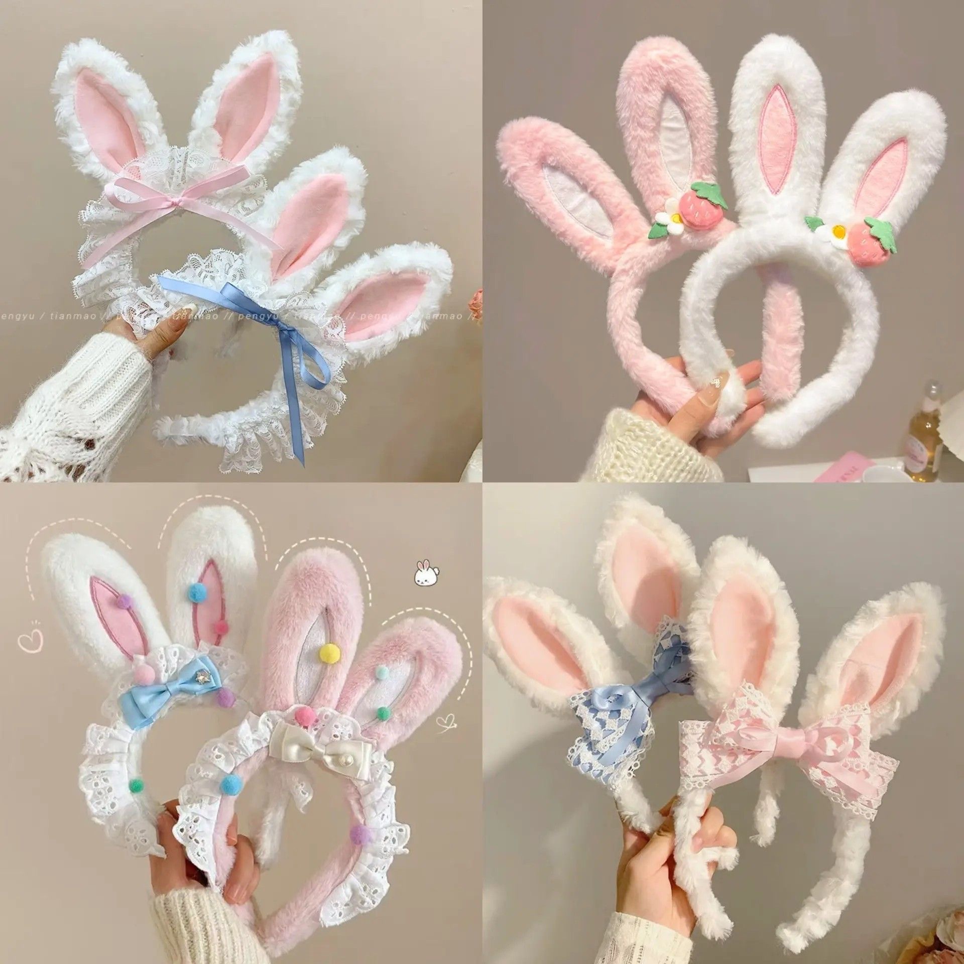 可爱草莓花朵兔子耳朵发箍女款夏季毛绒压发头箍儿童发捆发卡头饰