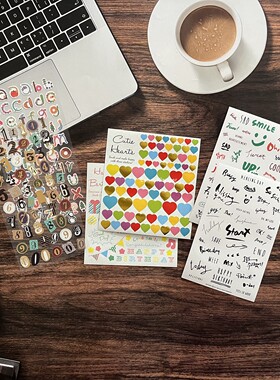 Stickers复古英文字母爱心贴纸DIY手账素材祝福语烫金创意字短语