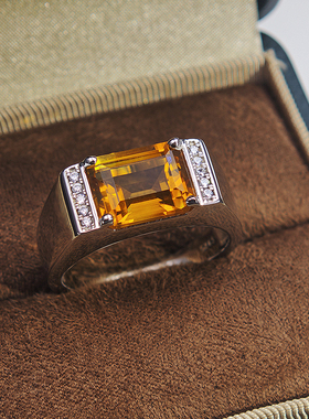 精工轻奢天然黄水晶招财宝石戒指男士潮流高级感925纯银镀金礼物