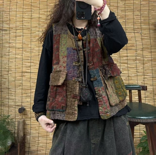 复古文艺民族风双砂棉质印花百搭马甲女宽松显瘦盘扣做旧盘扣马夹