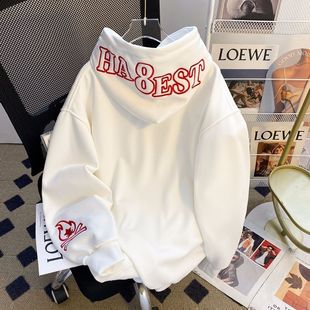 白色加绒连帽卫衣男2025秋冬帅气男外套加厚上衣休闲套头宽松帽衫