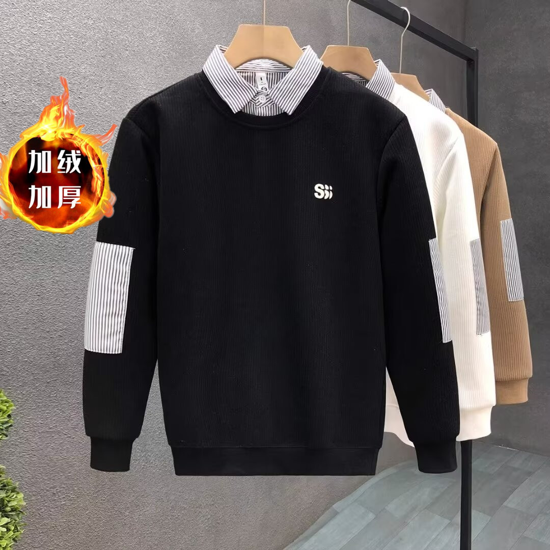 假两件加绒卫衣男士2025秋冬新款衬衫领打底刺绣翻领加厚长袖衣服