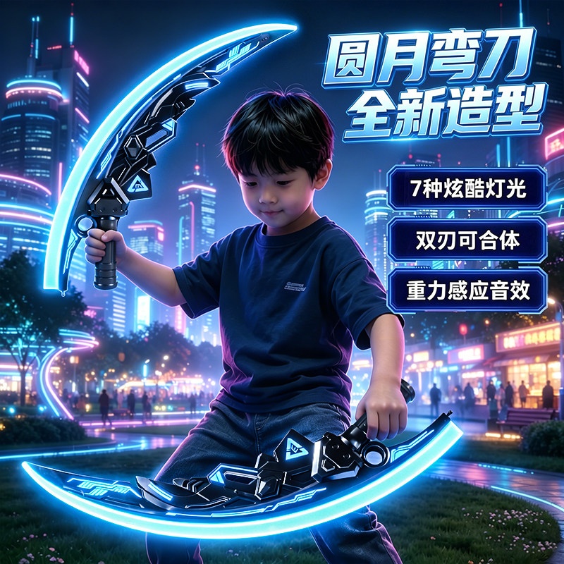 双刀流光剑儿童玩具刀男孩二合一圆月弯刀双刃伸缩激光剑发光宝刀