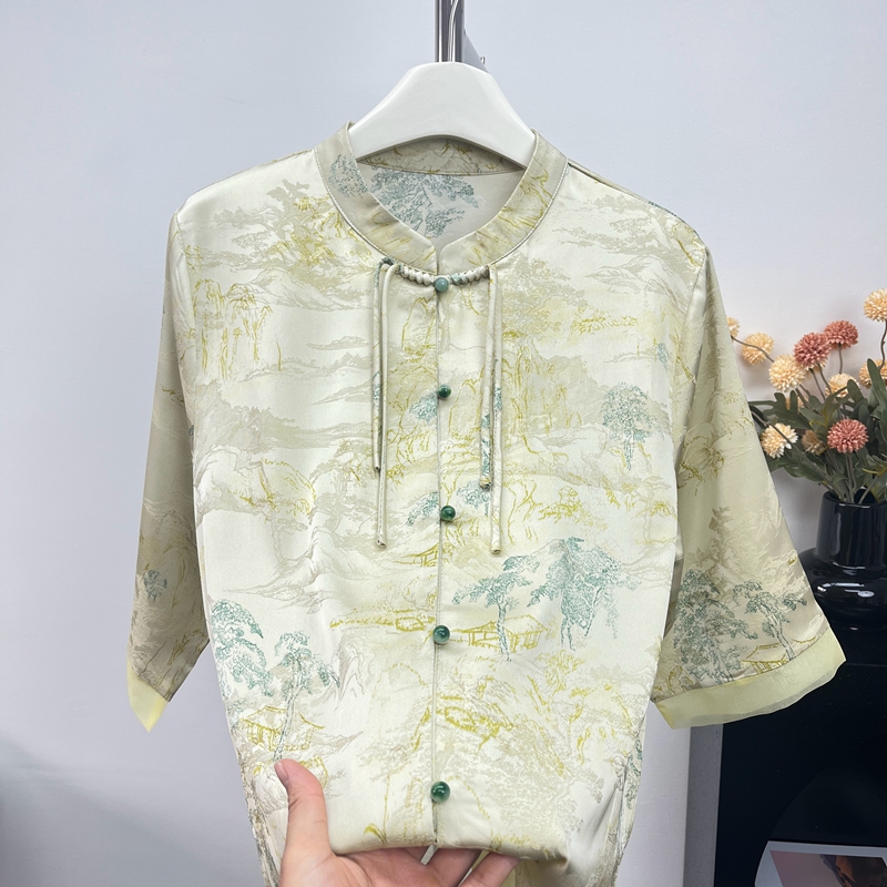 妈妈装夏仿真丝衬衫中老年人女宽松洋气高贵小衫新中式上衣服衬衣
