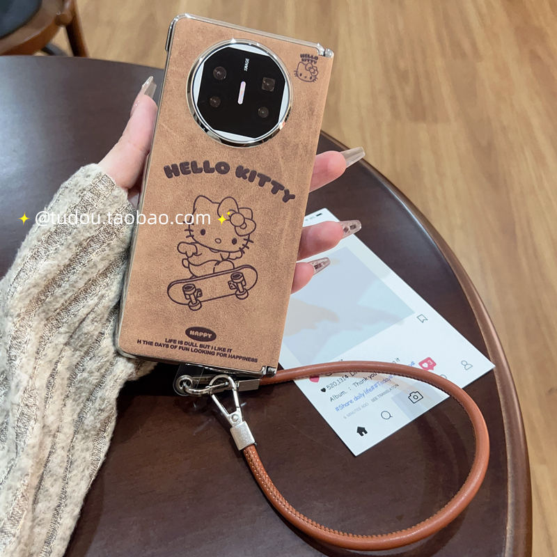 适用华为matex6/7折叠屏手机壳电镀皮绒手提挂绳Matex3典藏美拉德滑板kt猫中轴磁吸铰链防摔链条时尚男女新款