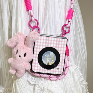 适用于努比亚Nubia Flip手机壳可爱粉格毛绒兔子皮质nubiaflip2折叠屏保护壳手提挂绳斜挎ins个性外壳女新款