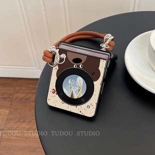 适用于努比亚Nubia Flip手机壳可爱咖啡小熊皮质nubiaflip2折叠屏mixflip2保护壳手提挂绳斜挎purax外壳新款