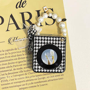 适用于努比亚Nubia Flip手机壳小香风千鸟格皮质nubiaflip2折叠屏保护壳珍珠手提挂绳ins简约高级女新款