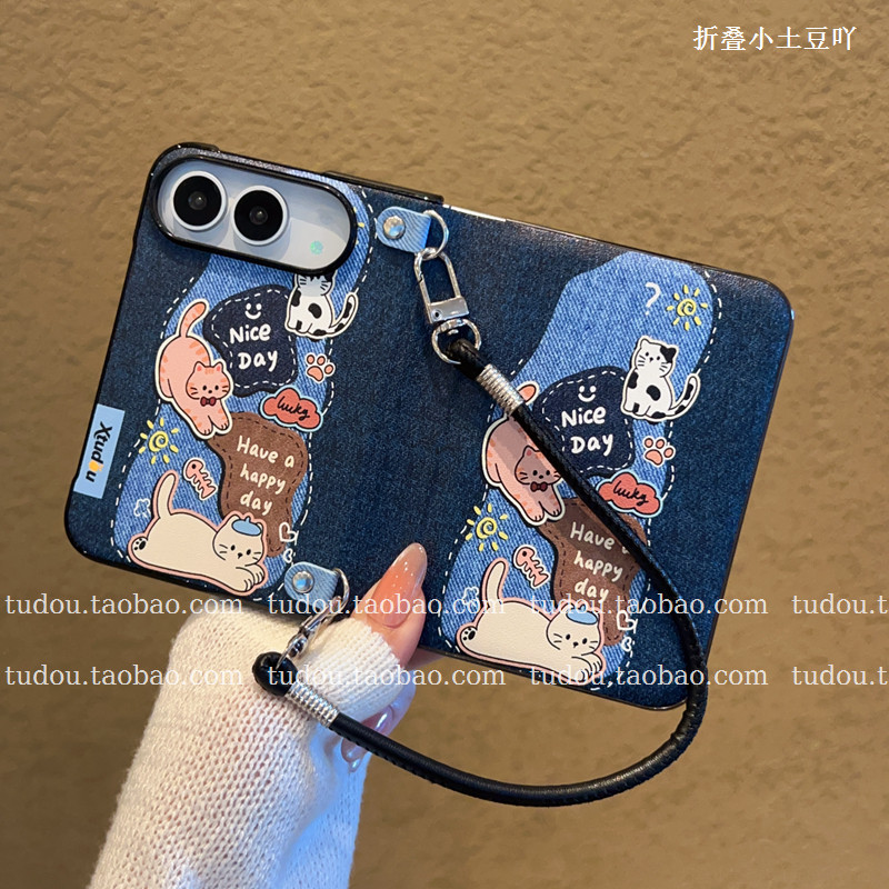 适用苹果iphoneduo手机壳休眠翻盖磁吸牛仔猫咪甜酷小米18fold折叠保护套手提挂绳puraxmax斜挎zfold全包防摔