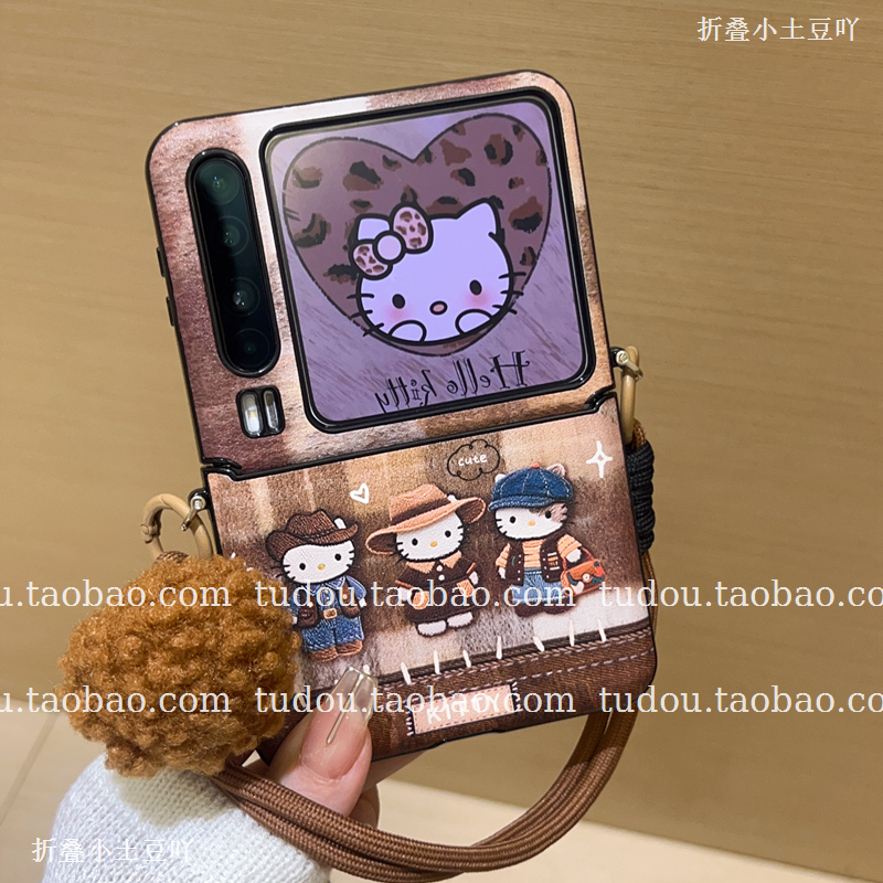 新品秋冬新款美德拉kt猫适用华为purax手机壳全包magicvflip2折叠屏保护套mix手提挂绳铰链防摔pocket2斜挎女