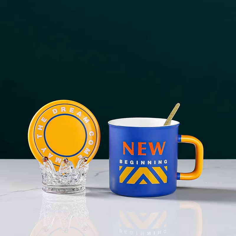 创意图形陶瓷杯带盖勺潮流时尚马克杯高颜值可爱女生水杯咖啡杯子