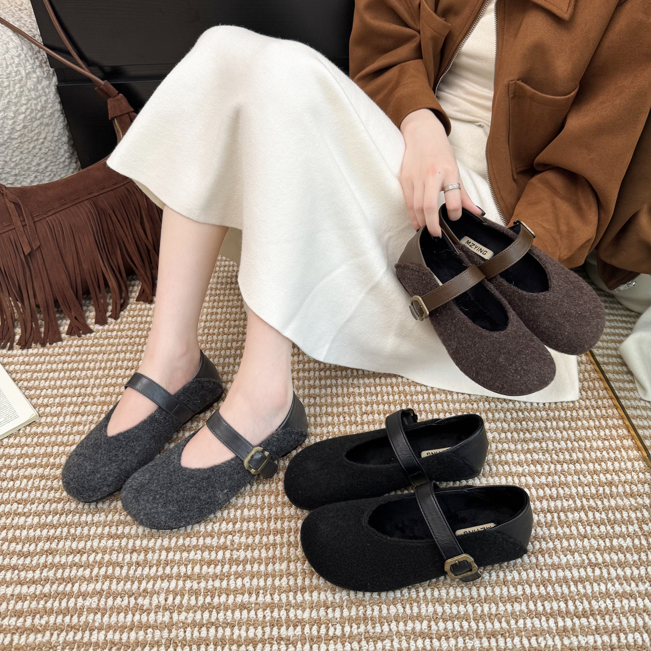 巨好看平底浅口单鞋女2025新款秋季毛呢灰色勃肯鞋玛丽珍晚晚鞋子