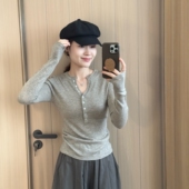 弹力T恤打底衫 此外 上衣潮 女2025秋季 新款 纽扣半开领修身 针织长袖