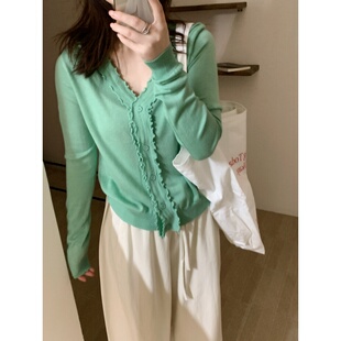 新款 女2026春季 长袖 打底衫 潮 此外 纯色针织衫 门襟花边V领针织开衫