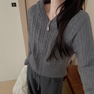 此外 小麻花连帽拉链针织开衫女2025冬新款小个子短款毛衣休闲风