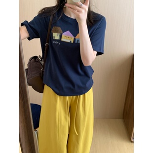 上衣基础版 此外 圆领百搭短袖 新款 小房子印花重工T恤女2026年春季