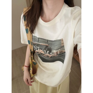 T恤女2026春季 基础款 新款 印花正肩短袖 此外 上衣休闲款 圆领韩版