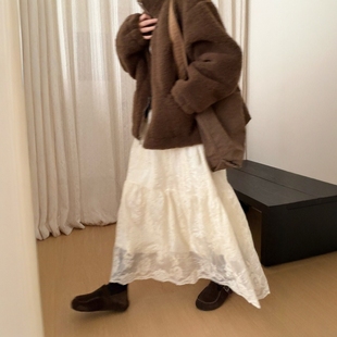 此外 松紧腰气质韩版重工刺绣半身裙女2025冬季新款加绒蕾丝长裙