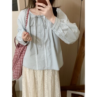 圆领系带森系甜美小衫 打底衫 女2026春季 宽松长袖 上衣潮 新款 此外