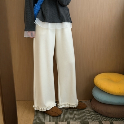 此外花边拼接直筒裤松紧裤长裤