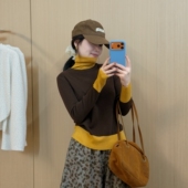 针织衫 女2025冬季 新款 此外堆堆领拼色长袖 柔软修身 气质毛衣假两件