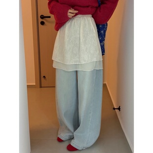 蕾丝牛仔裤 此外 搭配单品个性 新款 配饰 松紧腰双层屁帘女2026春季