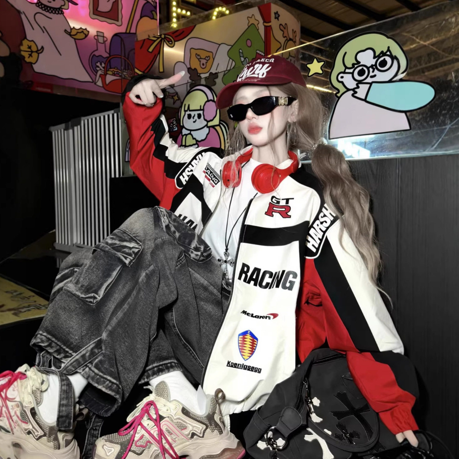 机车服美式设计感小众外套男女春秋季赛车服双层棒球服立领夹克潮