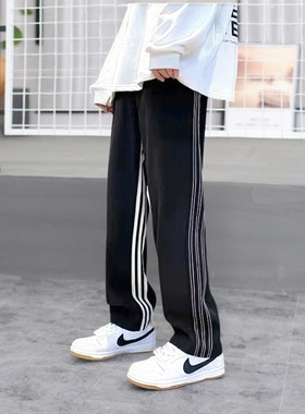 美式条纹垂感休闲裤潮ins秋季新款休闲卫裤高腰垂感西装阔腿裤男
