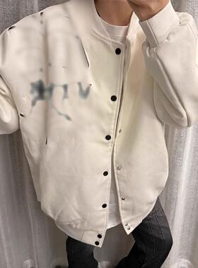 美式高街棉服蜘蛛网印花夹克棒球服秋季夹棉加厚男女宽松潮流外套