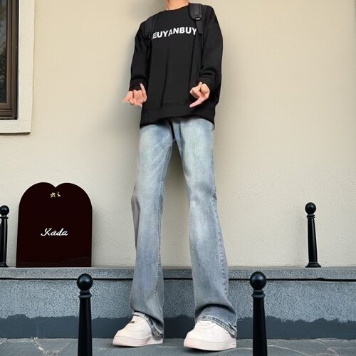 春秋复古蓝高腰直筒显高牛仔裤男