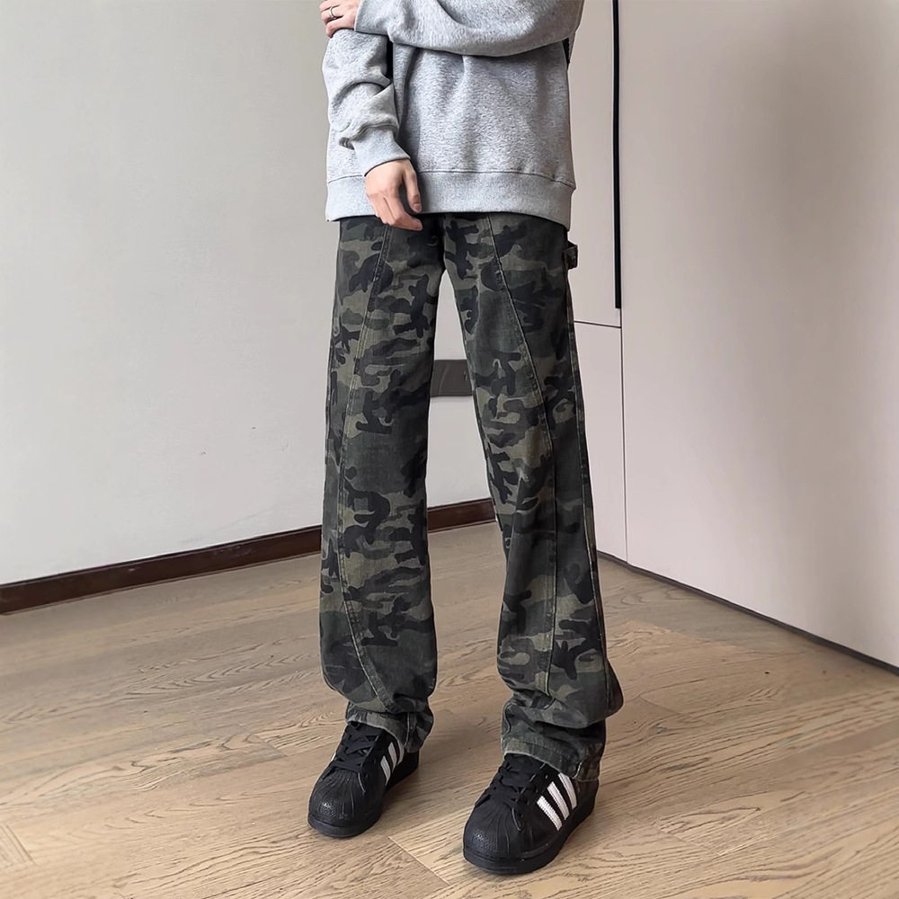 男士美式迷彩工装直筒牛仔裤