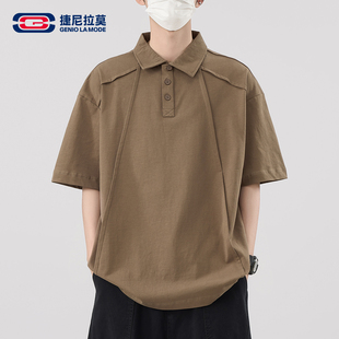 GENIOLAMODE重磅纯棉polo衫短袖T恤男翻领宽松美式复古结构潮流