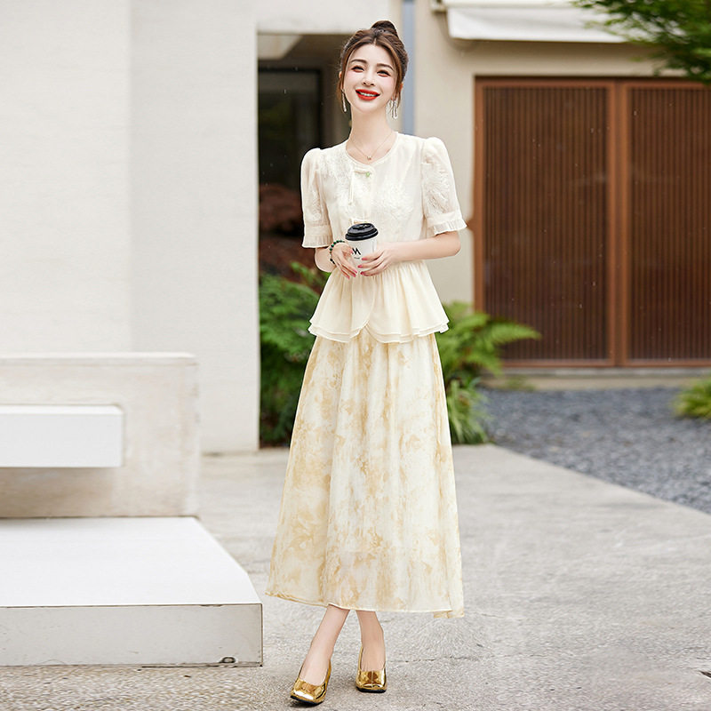新中式风套装女2025夏上新气质时尚优雅拼接印花修身显瘦两件套裙