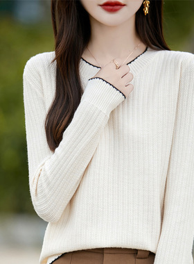 春秋冬新款安迪绒长袖针织衫女士圆领套头上衣坑条打底衫毛衣