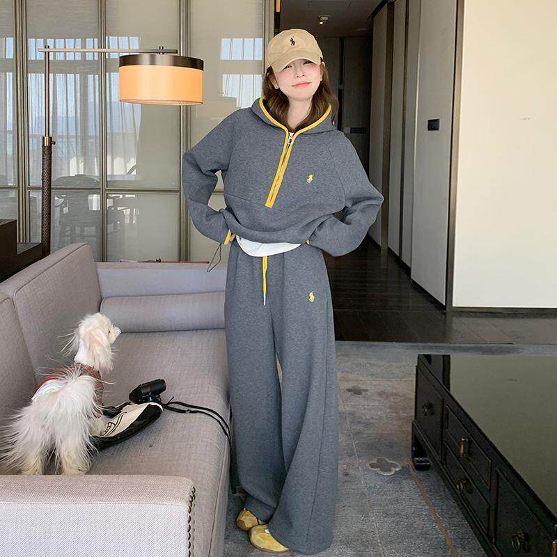 阔腿裤时尚韩系休闲显瘦连帽大码穿搭秋季两件套胖mm卫衣套装女