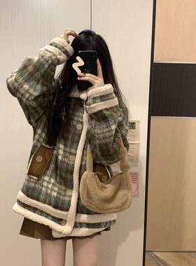 日系复古格纹设计感小众外套女春季宽松加厚仿羊羔毛呢子大衣潮女