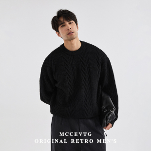 冬季 MCCEVTG宽松慵懒 圆领保暖针织衫 时尚 加厚提花复古毛衣男美式