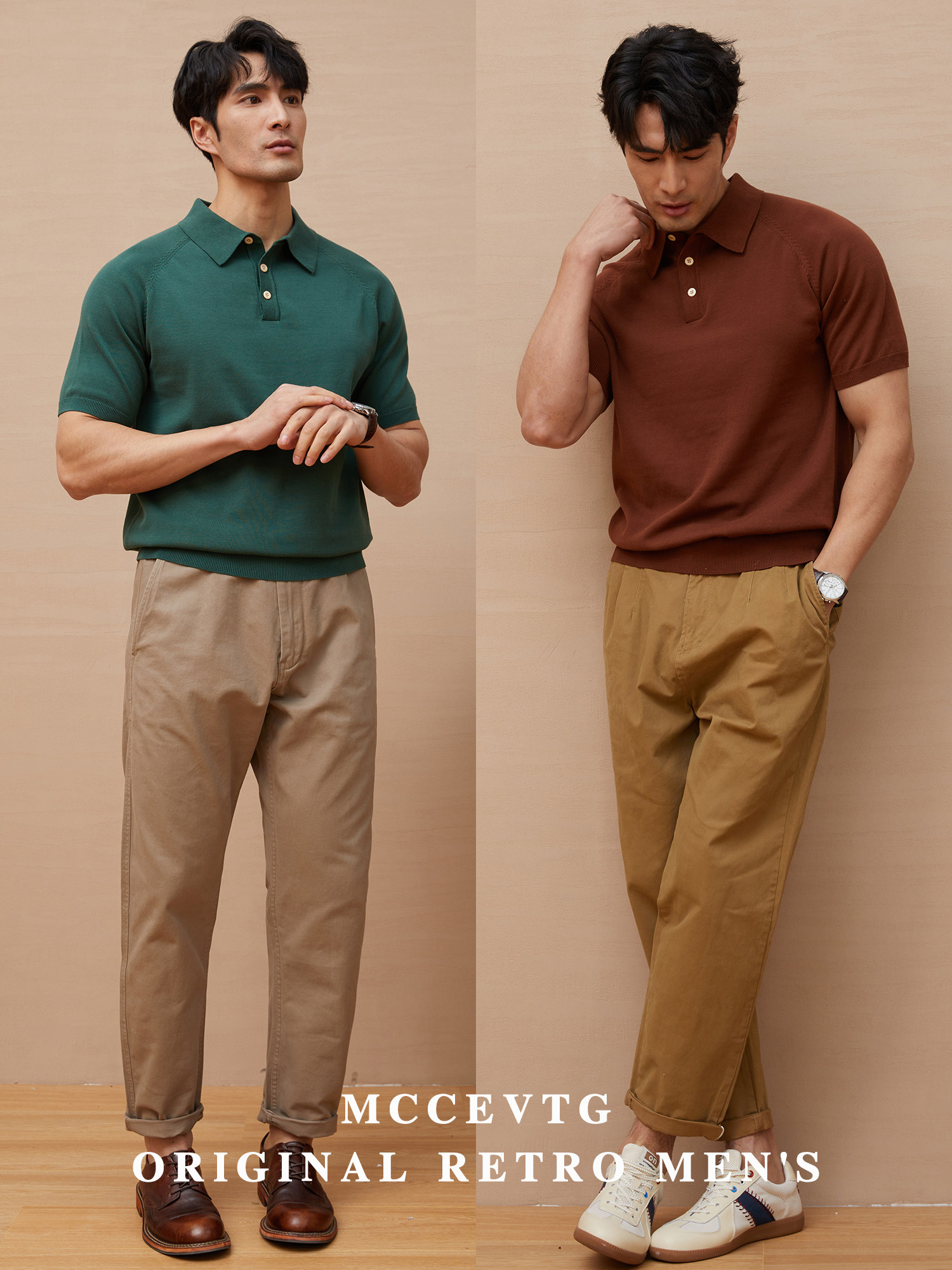 MCCEVTG HIGH TWIST COTTON KNIT POLO SHIRT SHORT SLEEVE AMERICAN VINTAGE RAGLAN SLEEVE CASUAL SOLID COLOR LAPEL T-SHIRT MEN