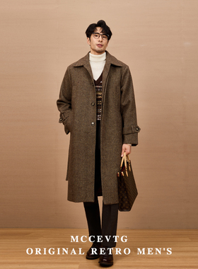 MCCEVTG意式绅士 复古长款男羊毛大衣巴尔马肯青年冬季粗花呢外套