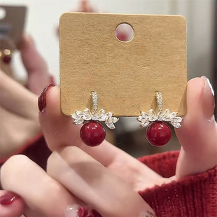 新年气质款铜镀金锆石羽翼红珠珠耳环轻奢小众独特设计复古新中式