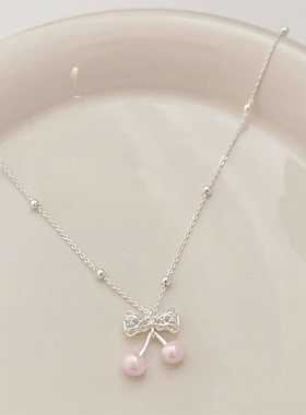 简约粉色甜美樱桃蝴蝶结项链