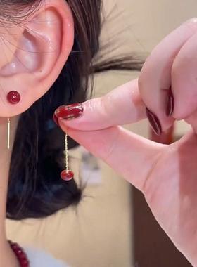 s925银针耳饰红色珠珠耳线小众轻奢质感百搭时尚防过敏不掉色潮