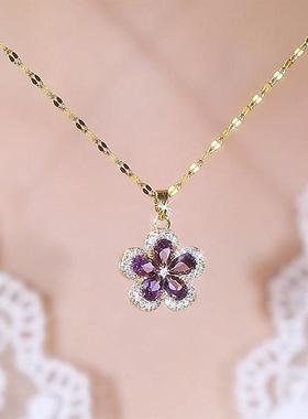 铜合金超闪镶钻紫色花朵项链