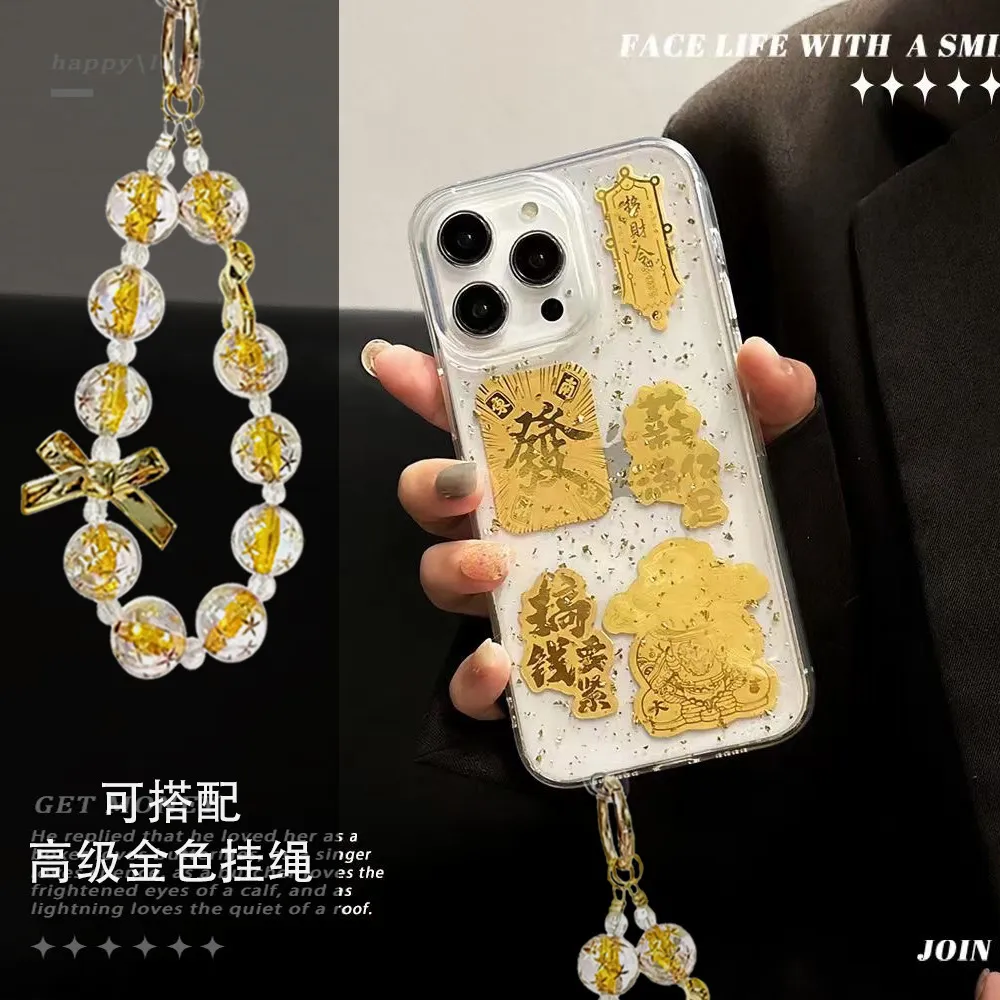 适用iPhone16PROMAX手机壳滴胶金箔发财苹果15招财猫手链保护套