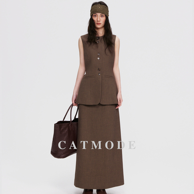 咖色通勤西装马甲长裙两件套