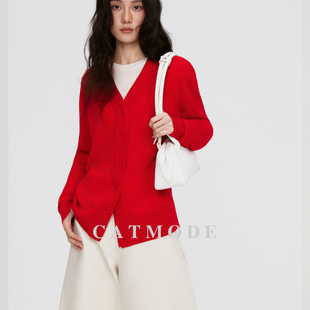 抗起球通勤风格 LION&CAT2026 SS极简V领开衫 红色羊毛衫 百搭女 时尚