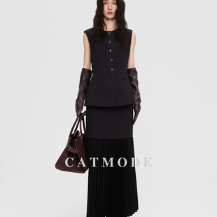 马甲百褶裙套装 极简黑色无袖 棉麻天丝设计感高级感两件套 2026