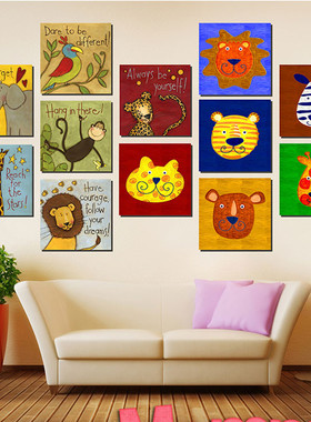现代简约男孩儿童房装饰画女孩卧室床头卡通动物壁画无框挂画墙画