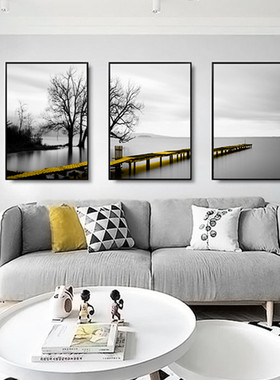 客厅装饰画沙发背景墙挂画北欧黄金桥壁画抽象大气三联画黑白墙画